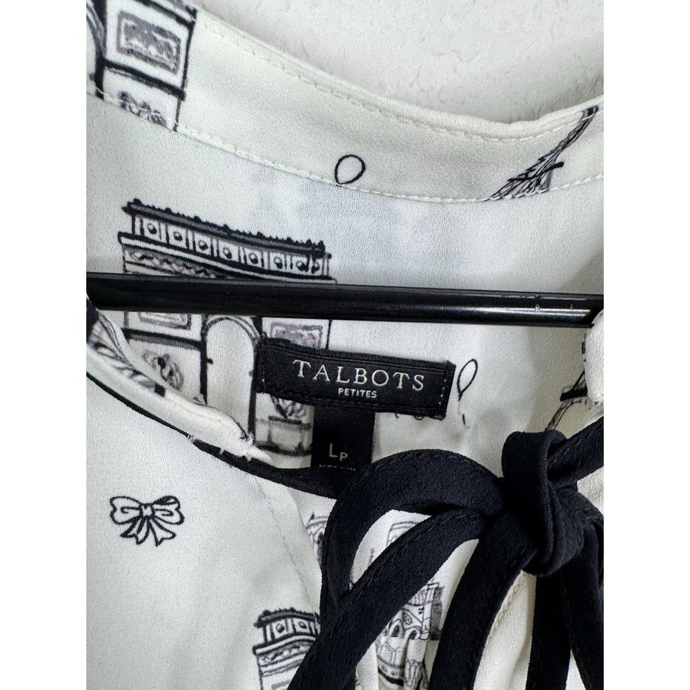 Talbots Paris Print Blouse Women's L Petite Bow Tie Career Preppy French - Picture 4 of 6